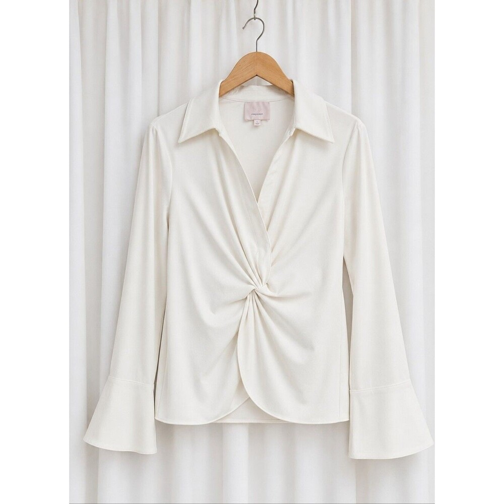 Cinq a Sept Creamy White Twist Front Flared Bell Statement Sleeve Luxury Blouse